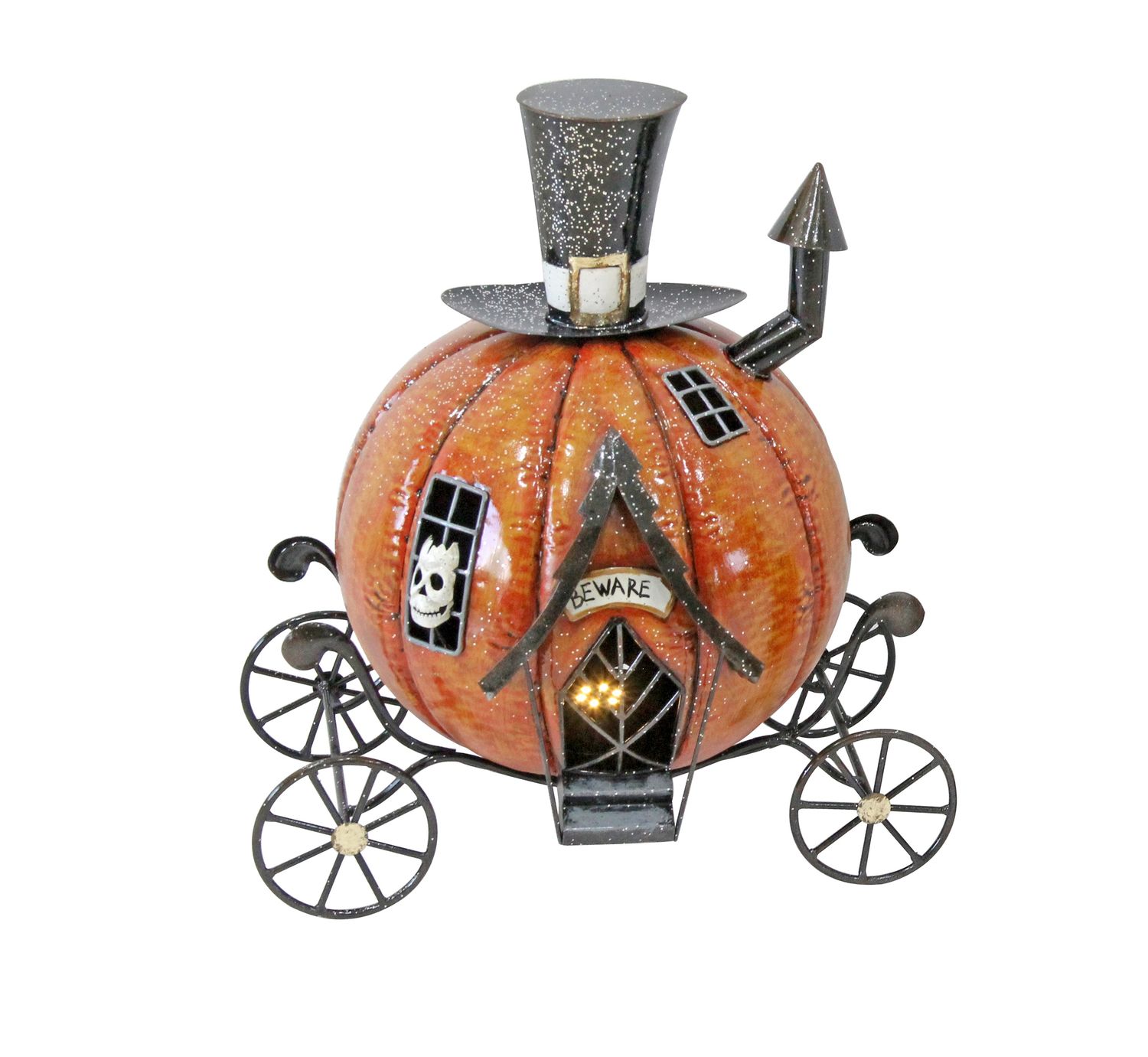 Metal Pumpkin Carriage Statue with LED Lights (11 in X 13 in. X 17 in.)
