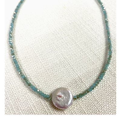 763-Crystal and Coin Pearl Necklace - Seafoam