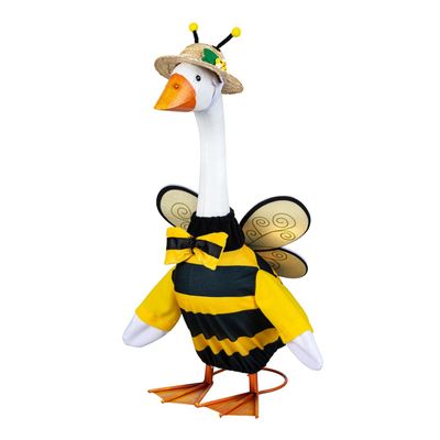 Giddy the Porch Goose modeling a striped bee costume with yellow wings, a bow tie, and an antenna hat.