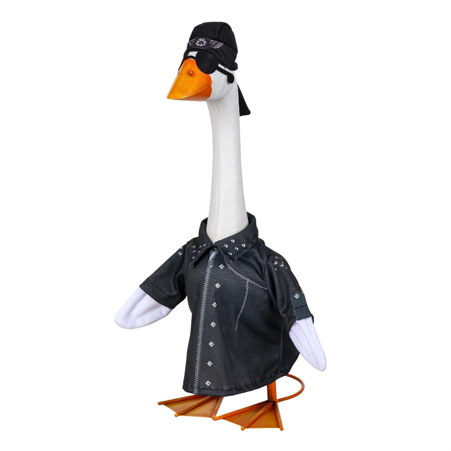Giddy the Porch Goose wearing a black biker outfit with silver-tone accents, sunglasses, and a black head covering.