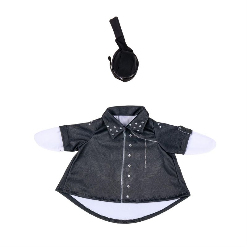 Black biker outfit for Giddy the Porch Goose laid flat, showing its pointed collar, stud accents, and zipper detailing.
