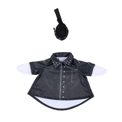 Black biker outfit for Giddy the Porch Goose laid flat, showing its pointed collar, stud accents, and zipper detailing.