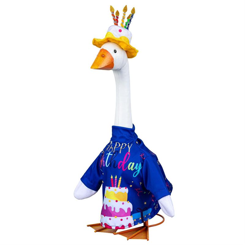 Giddy the Porch Goose modeling a royal blue birthday outfit with a colorful cake design and candle-topped hat.