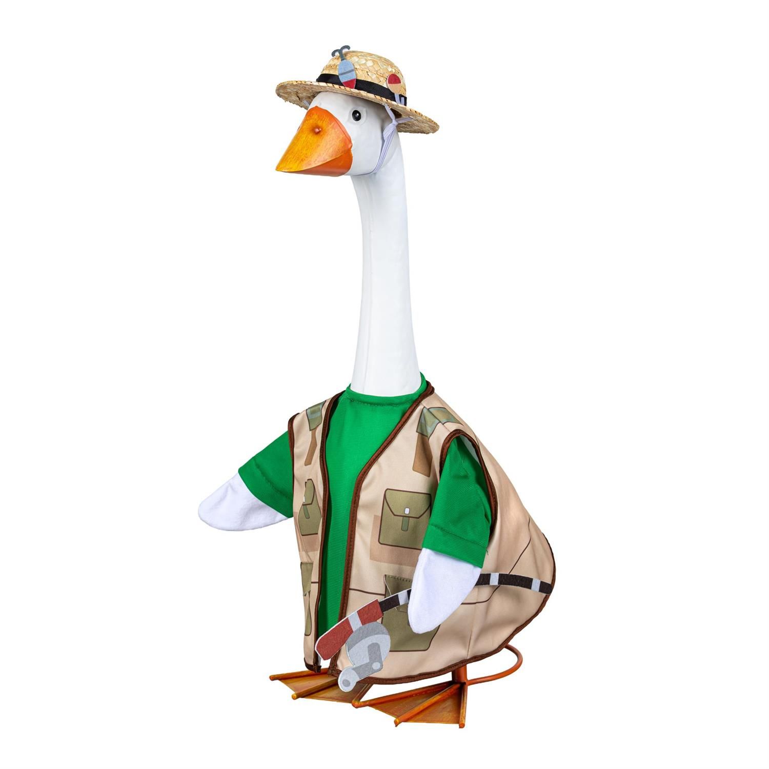 Giddy the Porch Goose modeling a tan fishing vest over a green shirt with a matching fishing hat and decorative rod.