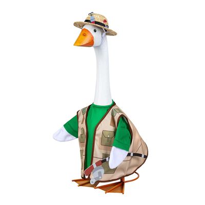 Giddy the Porch Goose modeling a tan fishing vest over a green shirt with a matching fishing hat and decorative rod.