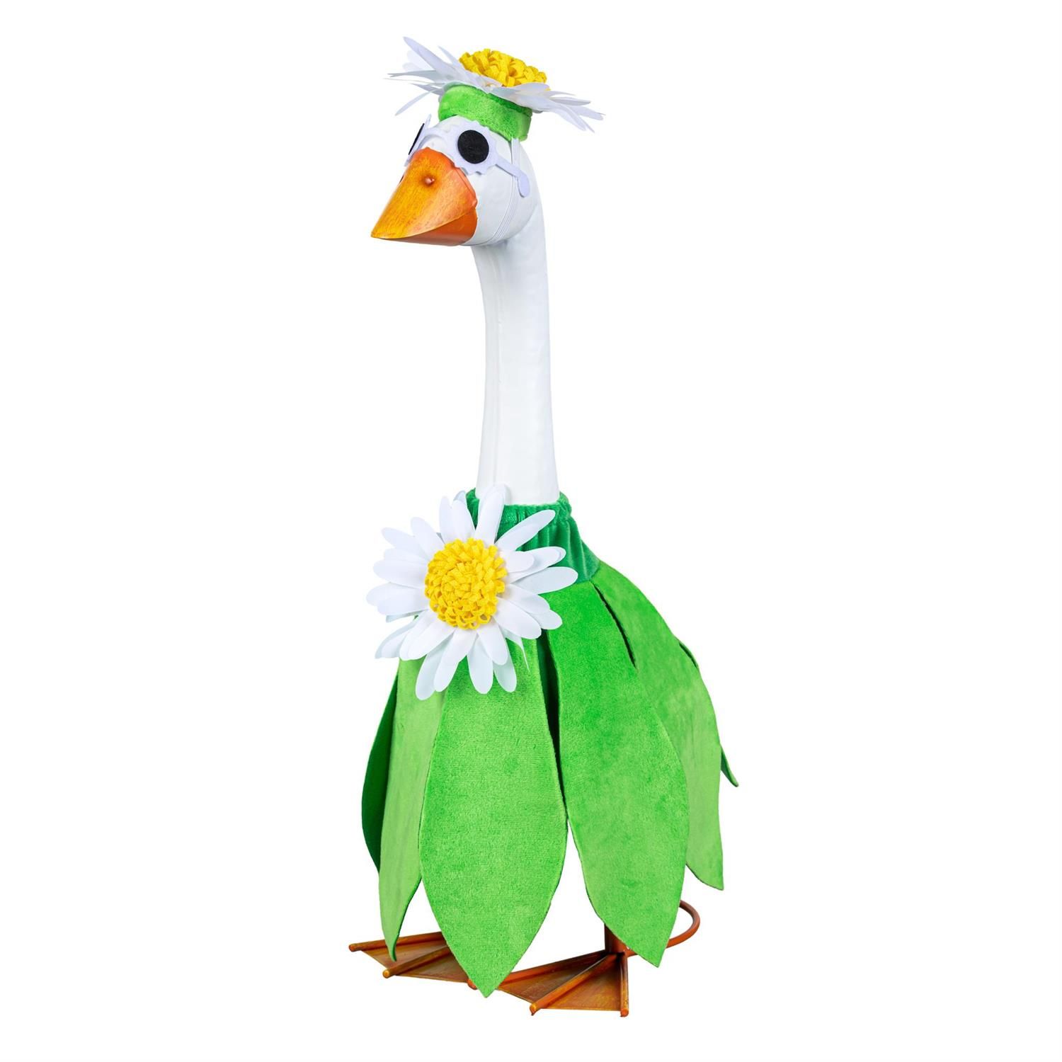 Giddy the Porch Goose modeling a bright green daisy outfit with layered leaf-shaped panels and a white daisy headpiece.