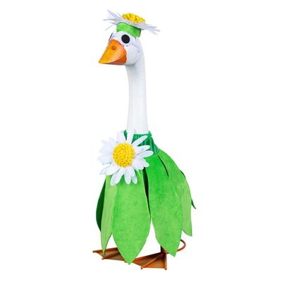 Giddy the Porch Goose modeling a bright green daisy outfit with layered leaf-shaped panels and a white daisy headpiece.