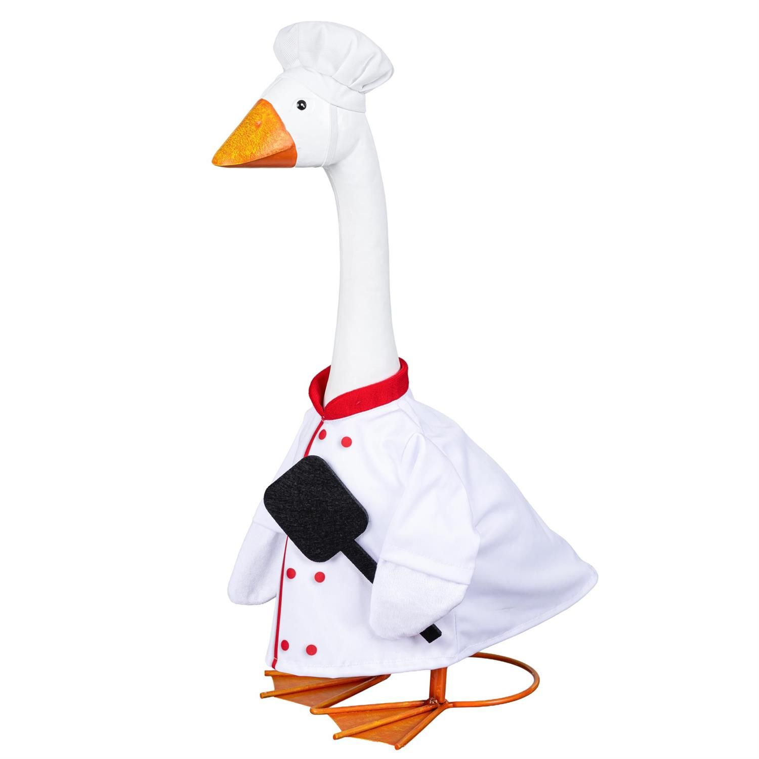 Giddy the Porch Goose modeling a white chef’s coat with red trim, a puffy chef’s hat, and decorative black spatula.