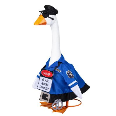 Giddy the Porch Goose wearing a blue police outfit, black cap, sunglasses, and a Guard Goose on Duty sign.