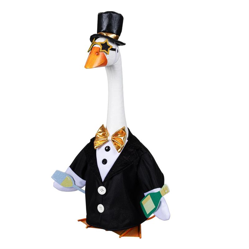 Giddy the Porch Goose in a black tuxedo-style outfit with a gold bow tie, star glasses, and decorative champagne bottle and g