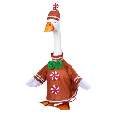 Giddy the Porch Goose wearing a brown gingerbread outfit with white icing trim, peppermint buttons, a green bow tie, and matc