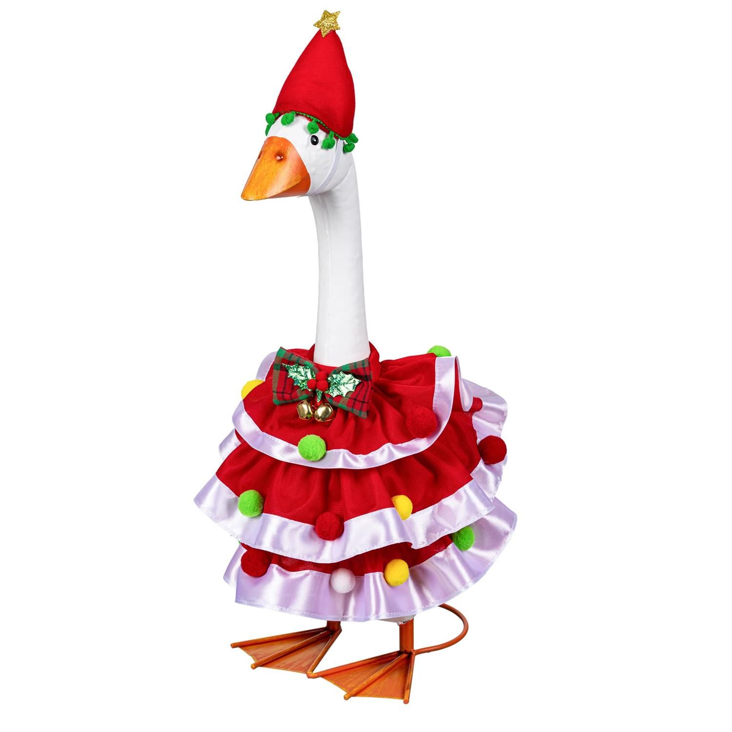 Giddy the Porch Goose modeling a tiered red Christmas dress with white ruffles, a plaid bow, and a pointed red hat.