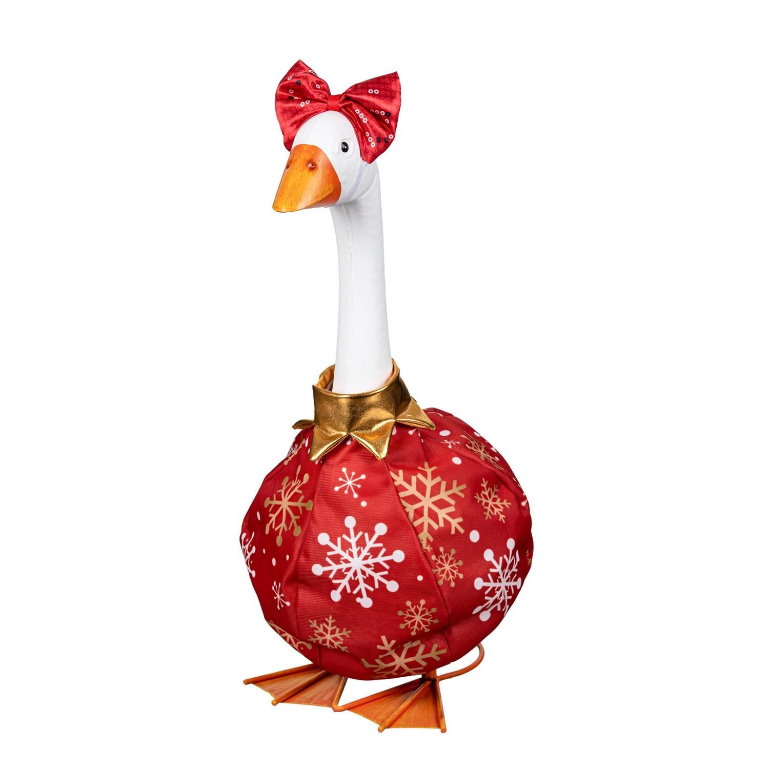 Giddy the Porch Goose modeling a red Christmas ornament dress with white and gold snowflakes and a sparkling red bow.