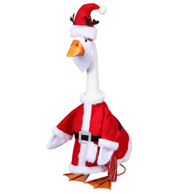 Giddy the Porch Goose in a Mr. Claus costume with a red coat, black belt, white beard, Santa hat, and striped stocking.
