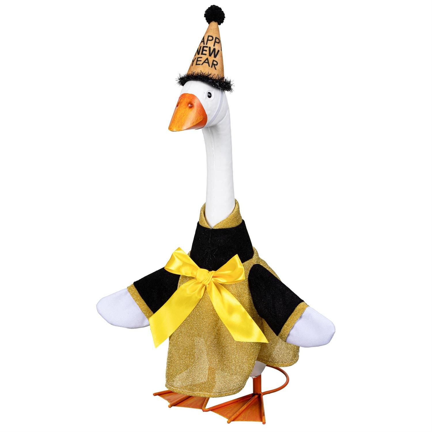 Giddy the Porch Goose wearing a black-and-gold dress with a yellow bow and a Happy New Year party hat.