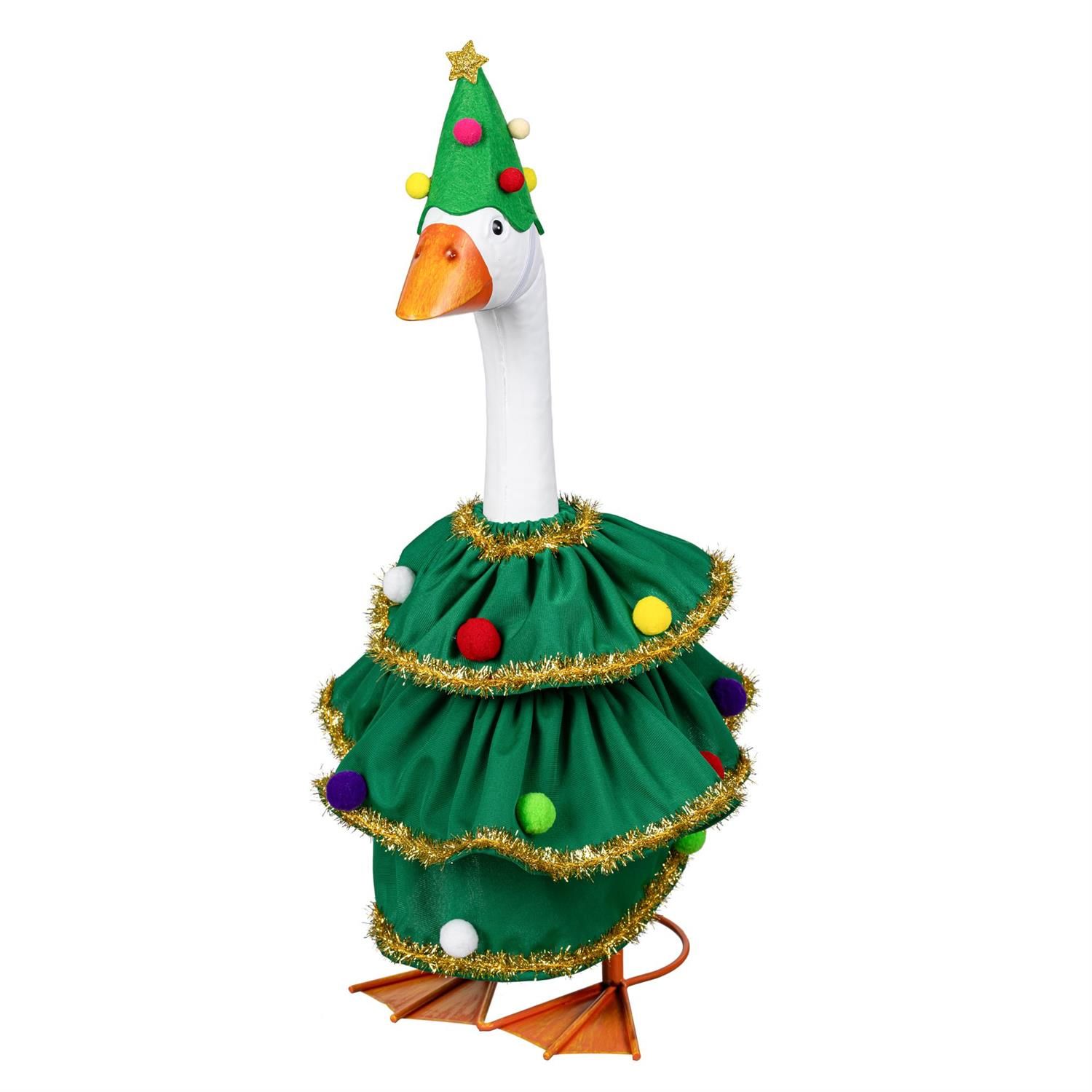 Giddy the Porch Goose modeling a tiered green Christmas tree costume with gold trim, pom-pom ornaments, and a matching tree h