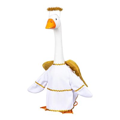 Giddy the Porch Goose wearing a white angel gown with gold trim, golden wings, and a sparkling gold halo.