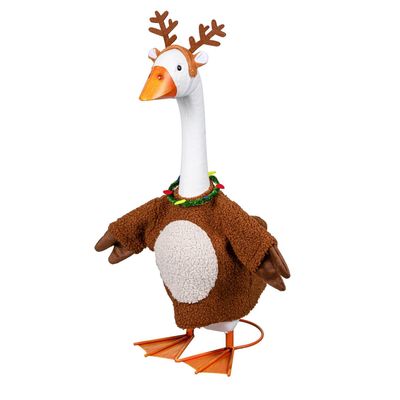 Giddy the Porch Goose modeling a textured brown reindeer costume with antlers, little ears, and a festive multicolored neckla