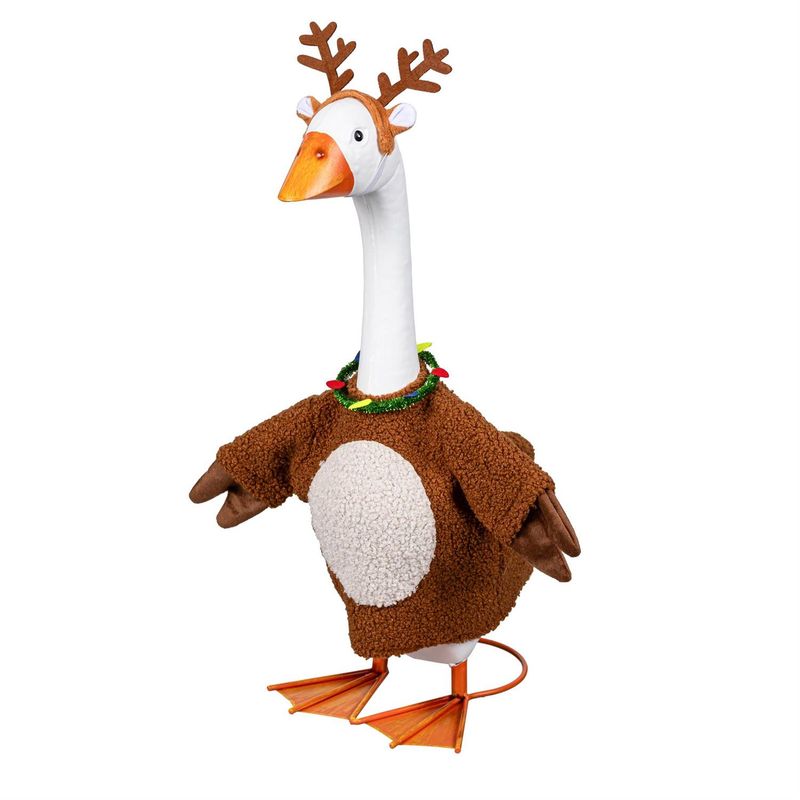 Giddy the Porch Goose modeling a textured brown reindeer costume with antlers, little ears, and a festive multicolored neckla
