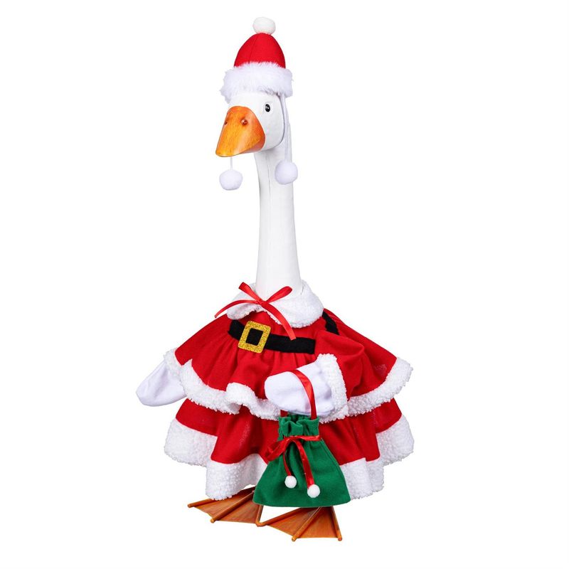 Giddy the Porch Goose modeling a tiered red Mrs. Claus dress with white trim, a matching hat, and a green gift bag.