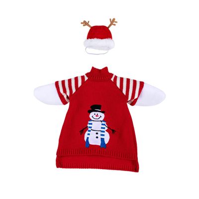 Red porch goose sweater with a snowman design and red-and-white striped sleeves, paired with a matching antler hat.