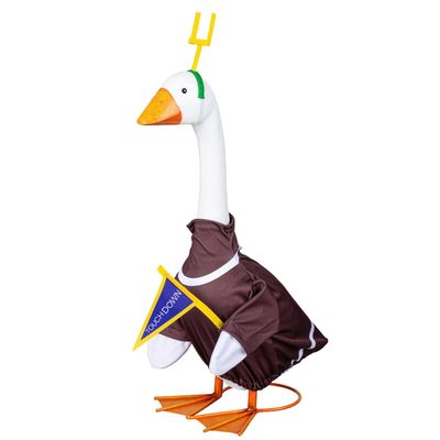 Giddy the Porch Goose modeling a brown football costume with white stripes, a goal post headpiece, and blue Touchdown pennant