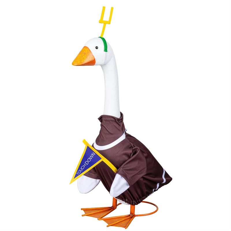 Giddy the Porch Goose modeling a brown football costume with white stripes, a goal post headpiece, and blue Touchdown pennant