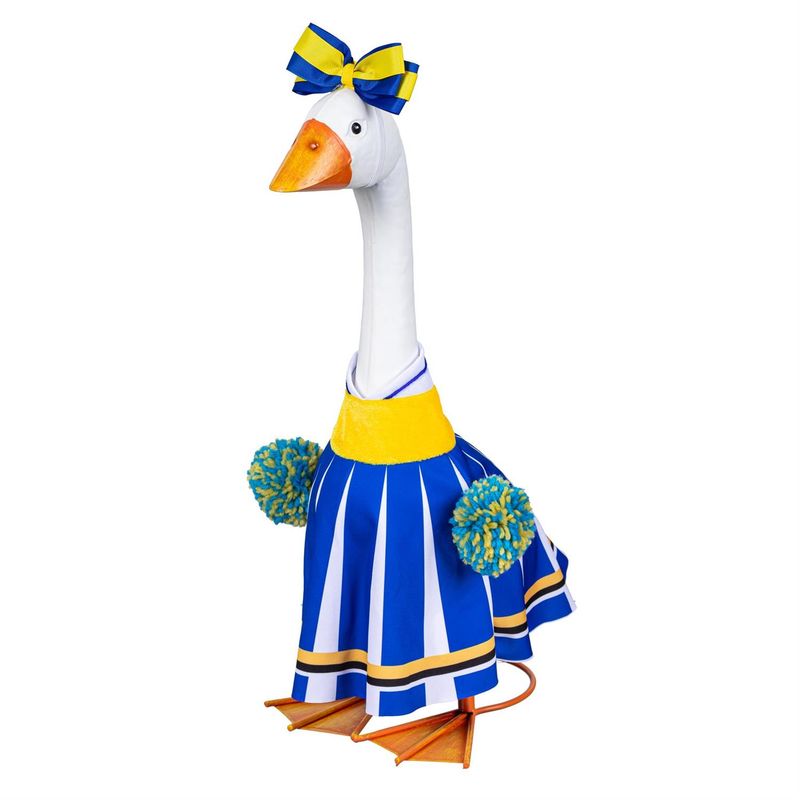 Giddy the Porch Goose wearing a blue, white, and yellow cheerleader dress with matching pom-poms and a large bow headpiece.