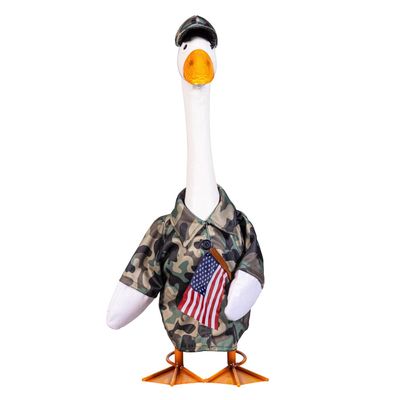 Front view of Giddy the Porch Goose in a camo shirt and baseball-style cap with an American flag at the front.