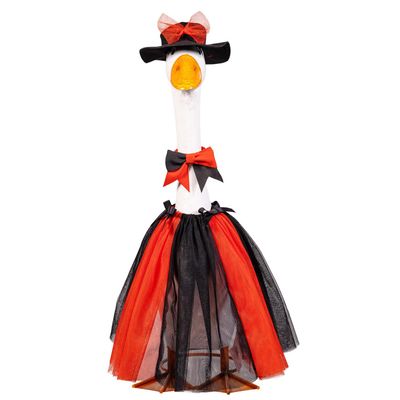 Front view of Giddy the Porch Goose in the Midnight Witch outfit with a full striped skirt and orange-and-black neck bow.
