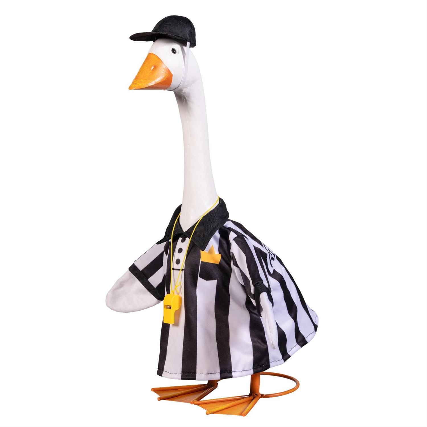 Angled view of Giddy the Porch Goose in a black-and-white referee outfit with a black cap and yellow whistle.