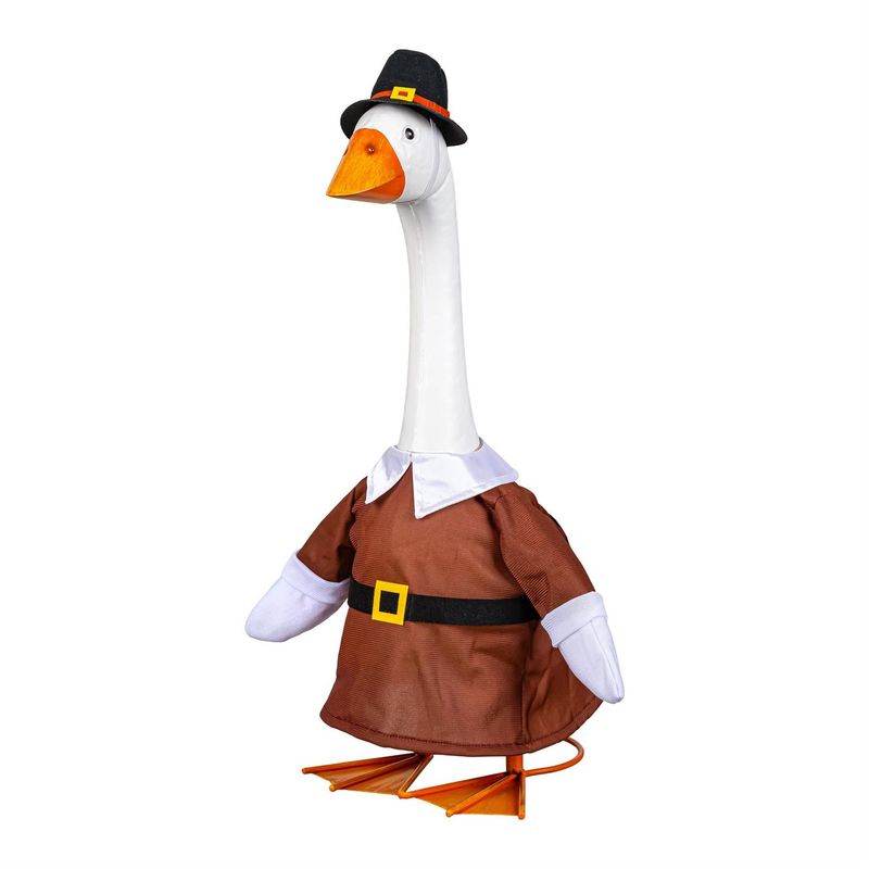 Giddy the Porch Goose modeling a brown pilgrim tunic with a white collar, black belt, and matching buckled hat.
