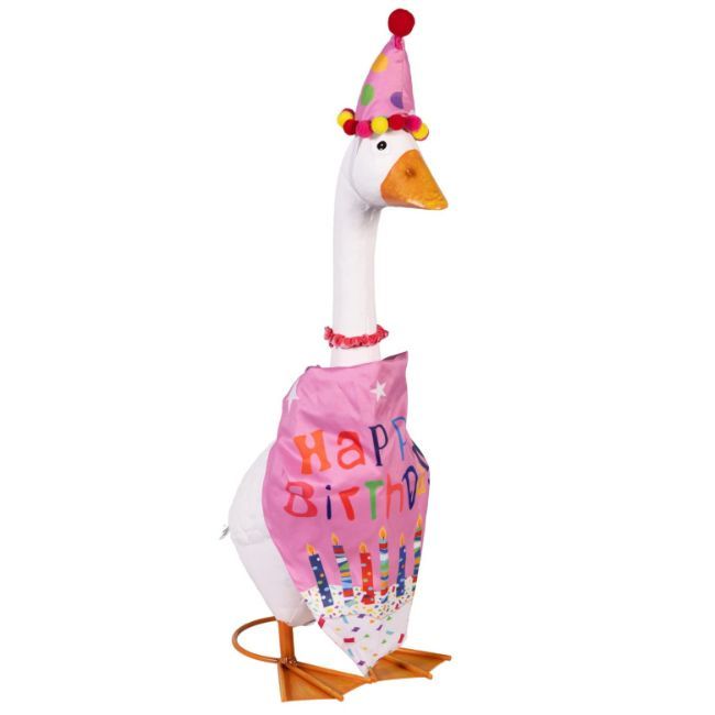 Giddy porch goose wearing a pink Happy Birthday outfit with colorful candles, a polka-dot party hat, and a pink neck accen