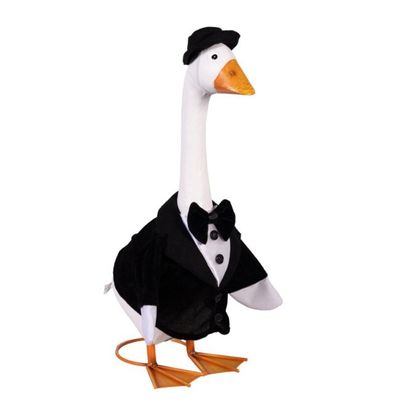 Giddy the Porch Goose wearing a black tuxedo-style jacket, white shirt front with black buttons, black bow tie, and matching 