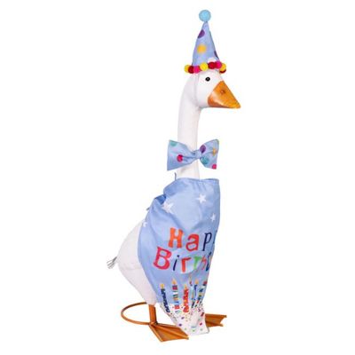 Giddy porch goose wearing a blue Happy Birthday outfit with colorful candles, a polka-dot bow tie, and a matching party hat.