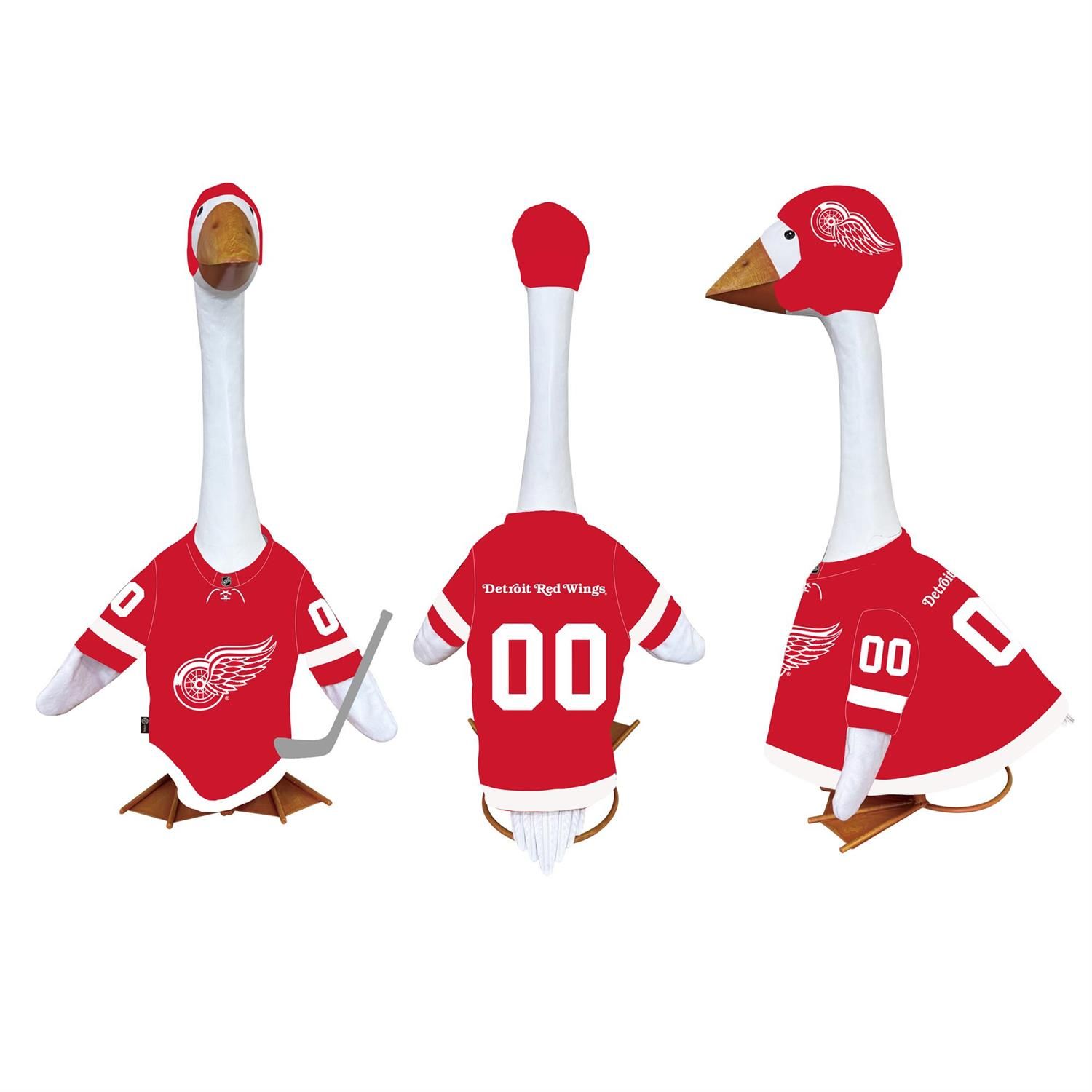 Front, back, and side views of a porch goose in a red Detroit Red Wings jersey with number 00, matching helmet, and hockey st
