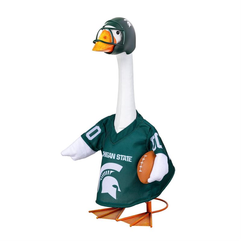 Giddy the Porch Goose wearing a green Michigan State jersey, Spartan helmet, and football detail tucked beneath one wing.
