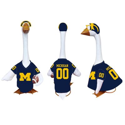 Front, back, and side views of a porch goose in a navy Michigan jersey with a maize block M, number 00, winged helmet, and