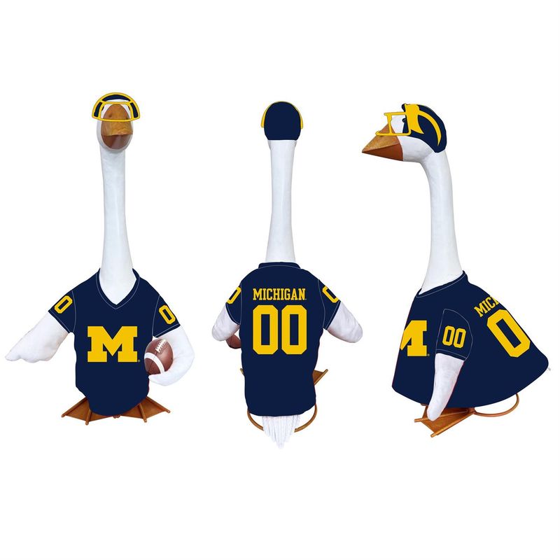 Front, back, and side views of a porch goose in a navy Michigan jersey with a maize block M, number 00, winged helmet, and