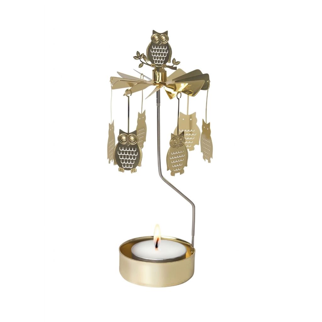 Gold owl rotary candleholder with hanging owl ornaments, a perched owl topper, and a lit tealight.