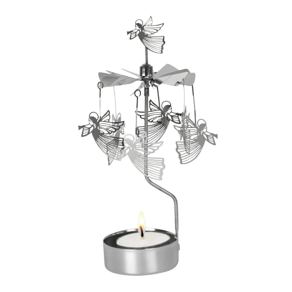 Silver rotary candleholder with hanging trumpet-playing angels, a matching angel topper, and a lit tealight.