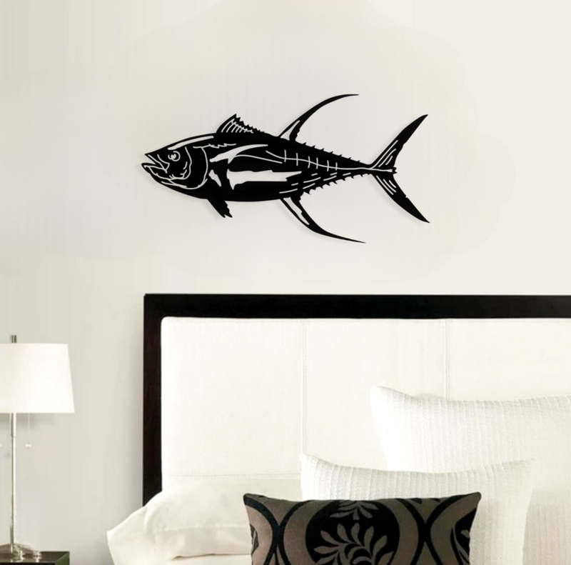 Metal Wall Hanging Yellow Fish Tuna Decor, 20" x 16", BLK