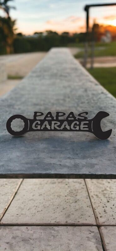 Papas Garage Metal Wall Hanging Décor Wrench Art Sign, 14" x 4.5", Black