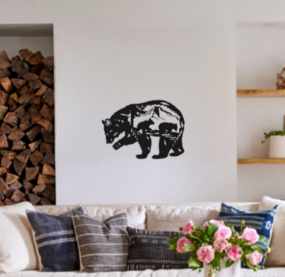 Momma Bear With Cubs Nature Wall Hanging Metal Décor, 16" X 14.5", Black