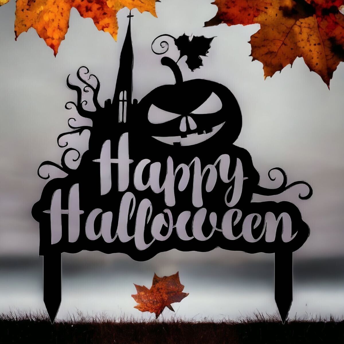 Halloween Metal Pumpkin Yard Décor Sign With Stakes, 22" x 15", BLK
