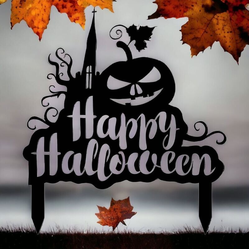 Halloween Metal Pumpkin Yard Décor Sign With Stakes, 22" x 15", BLK