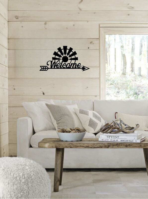 Welcome Windmill Hanging Metal Wall Sign Décor, 18" x 8", Black