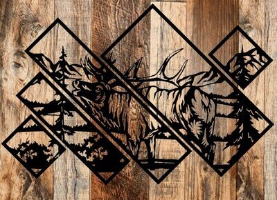 Metal Elk Nature Scene Wall Décor 5 Panels, 48" x 32", Black