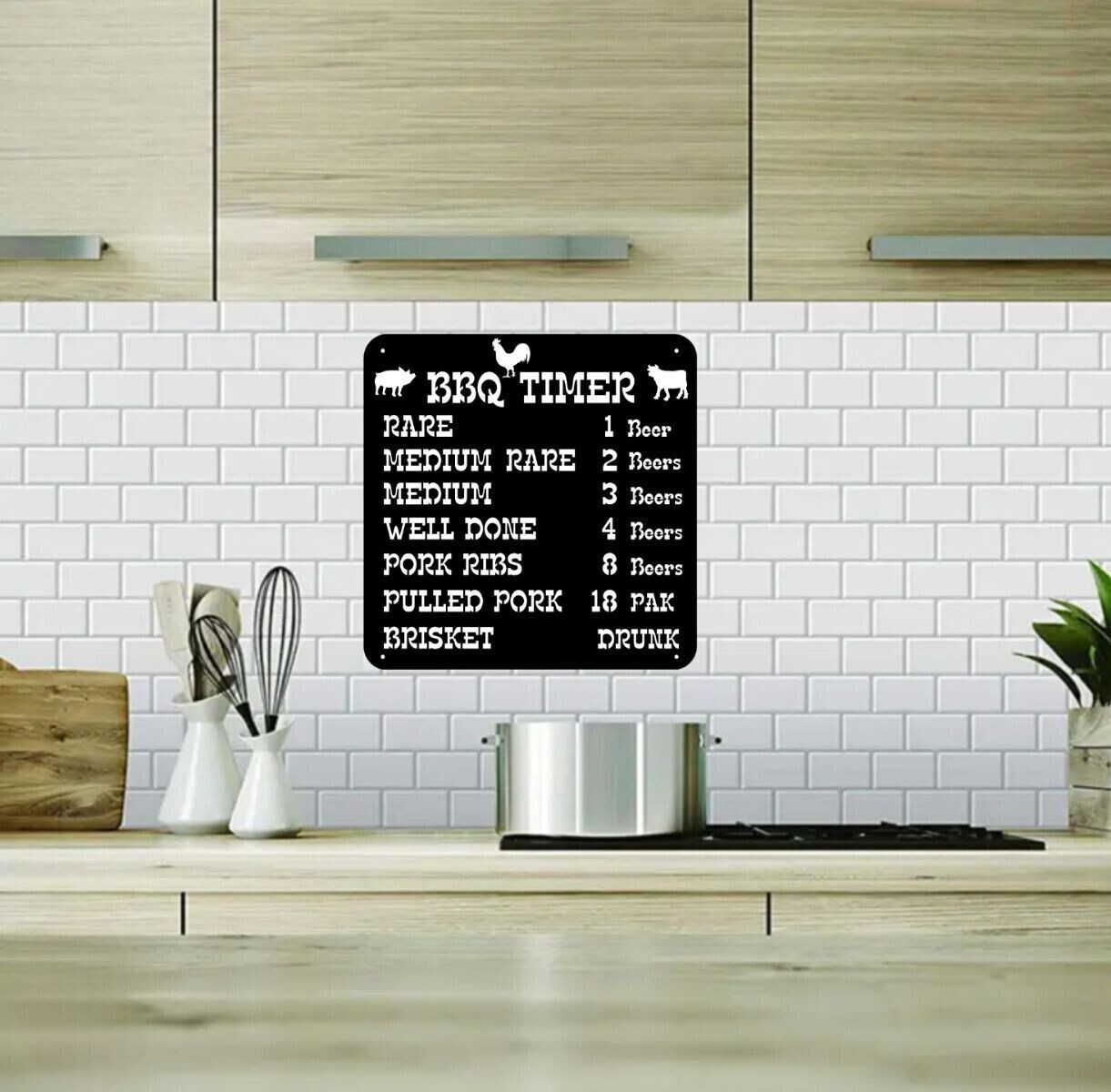 BBQ Timer Beer Humor Man Cave Brewery Bar Metal Wall Décor, 16" x 19", Black