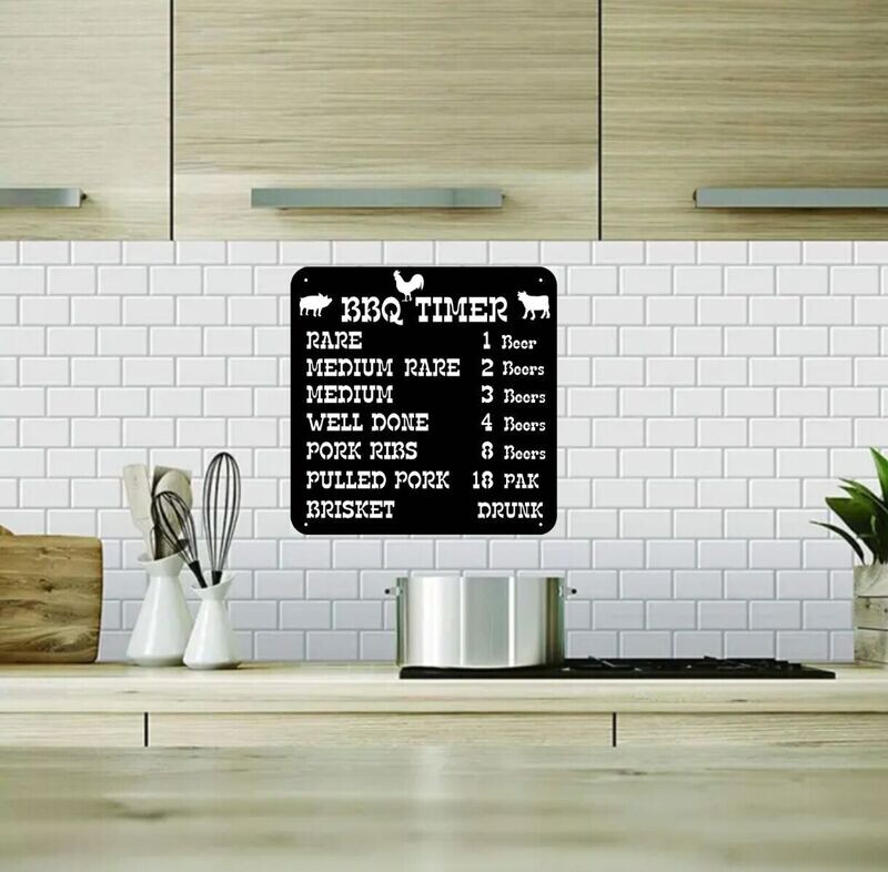 BBQ Timer Beer Humor Man Cave Brewery Bar Metal Wall Décor, 16" x 19", Black